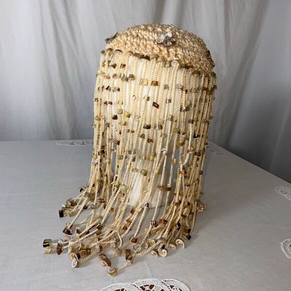 Vintage Handmade Beaded Headdress – Natural Horn & Shell Fringe, Artisan Boho Fe main image 11